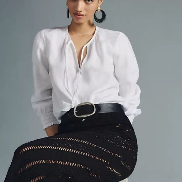 Anthropologie Cloth & Stone Tie Neck Peasant Blouse White Sz M NWT in packaging - Picture 1 of 6